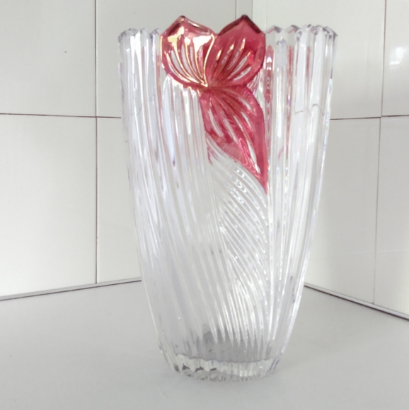 Vintage 70s Deep Cut Glass Oval Vase Dark Pink Flowers Saw Tooth Edge 8" - Picture 4 of 6